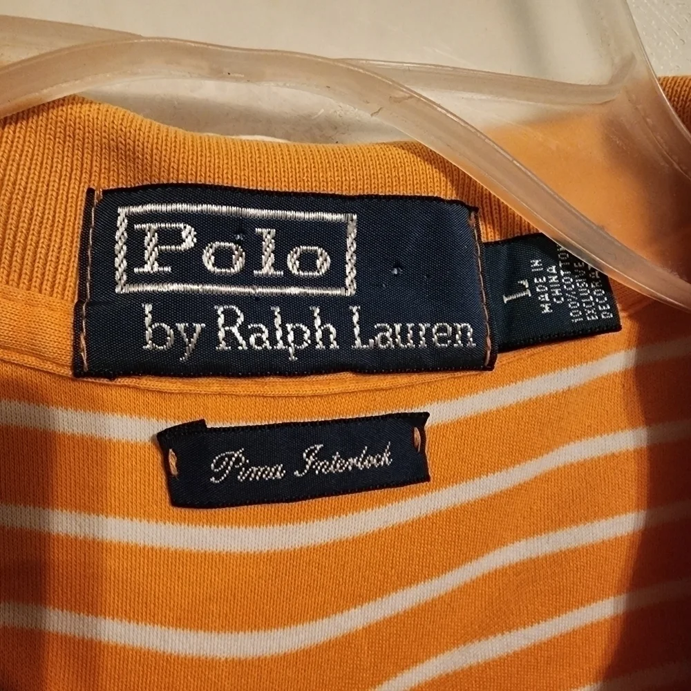 Polo by Ralph Lauren Pima Interlock Orange & White Stripe Polo Shirt Sz L (spots